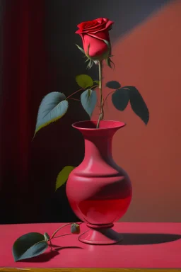 una rosa de color rojo con florero de color rosa en mesa de color roja