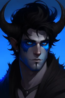 An male demon with dark, messy, black hair, black horns, and bright blue eyes.