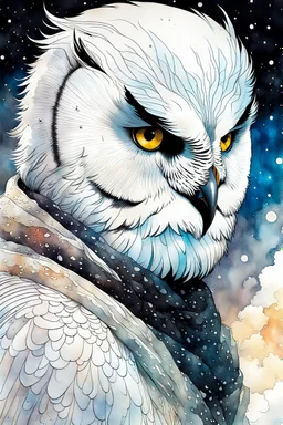 ink wash and watercolor illustration of a hybrid Snowy Owl girl with highly detailed feathers and facial features in the comic book style of Bill Sienkiewicz and Jean Giraud Moebius, with a fine art aesthetic, highly detailed , 4k UHD cinegraphic quality