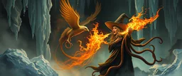 fire smoke and fog and light rays, phoenix jellyfish octopus bird witch in icy waterfall looks beyond really powerful slapping a bird in the face with fire, fantasy illustration, in the style of Rembrandt