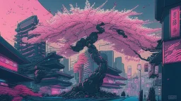 Japanese cherry blossom, in cyberpunk city, comic style,