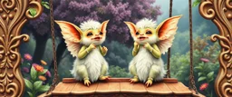 sacred geometry embroidered patterns, two totally symmetric fluffy angel gremlin slug nice cheerleader singing on ornate carved bridge in garden , full body portrait T-pose strong aura, oil painting and air brush, in swing net