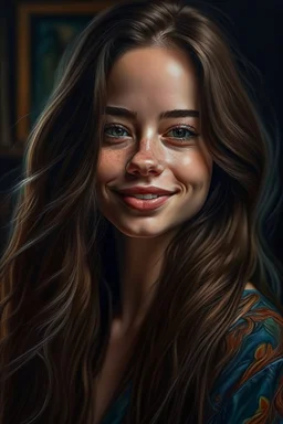 Young beautiful woman, long hair, elegant, too beautiful, Forex Trader , highly detailed deep colors highly realistic, ruddy skin, beautiful, full lips, smiling, feeling of lightness and joy, hyper-realism, skin very elaborated, direct gaze,