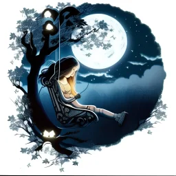 There is a woman sitting on a swing in the moonlight