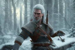 Geralt of Rivia, Jaskier the Bard, snowy forest scene, around a campfire, Jaskier playing his lute, monster lurking in background behind a tree, DSLR, panorama, complementary colours, splash of colour, hyperrealism, 8k resolution concept art, intricately detailed, film still