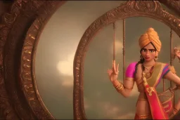 Maharashtrian woman looking in an old Peshwa antique mirror, misty, hyper-realistic, hyperdetailed, high-octane render, wide shot