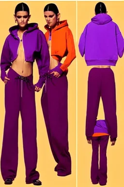 year 1999 women fashion, Techno, rave, Loose, straight, suit, low waist light trousers, t-shirt, new kind of hoodie with high tippet, which goes down along zipper! Colors: all denim colors, purple, khaki, lilac, plum, orange, terracotta, red, pink, dark blue, beige. Patterns: lynx, balls, stripes. lynx belt. starling or owl prints. Women models. Missy Elliot, Sandra Bullock, Milla Jovovich, Big tennis shoes on. Latex, denim and leather. Hat with a visor, integrated to AKG-style headphones.