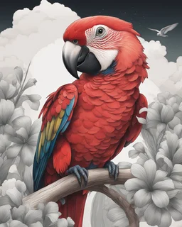 Draw an lineal illustration of a red parrot, ultra quality, detailed, 8k, full body, clear sky with clouds