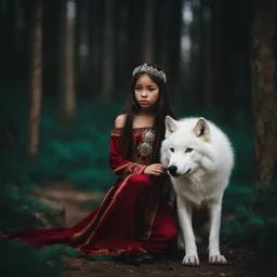 Beautiful young girl kneeling next to a white wolf