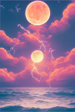 1980's vaporwave aesthetic palm trees with lightning with lunar eclipse in the ocean waves sunset