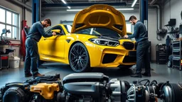A car repair shop where two people in work clothes are repairing a yellow BMW M6 series with an eye-catching theme in a sophisticated and special repair shop where a collection of car engine parts is arranged on the floor at the bottom of the image.