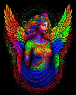 Ornate Rainbow Angel design, T-Shirt Design, fantasy art, digital painting, clean dark background, 8K, HDR