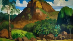 A brown mountain filled with rocks designed in Mayan architecture painted by Paul Gauguin