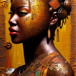 an abstract painting of rusted metal, african portrait, rust, scaffolding, iron cladding, decay, mixed media, textured, anatomically correct, beautiful perfect face, sharp focus, highly detailed