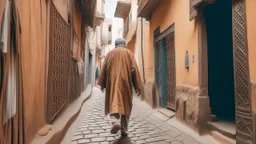 Rear view of an elderly Moroccan walking in a Moroccan alley