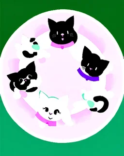 A charming illustration of adorable cartoon cats arranged in a circle, perfect for a heartwarming greeting card. The cats, a mix of breeds including Persians, Siamese, and Maine Coons, each display uniquely expressive faces with large, sparkling eyes and playful smiles, wearing pastel-colored collars in shades of pink, lavender, and mint green. Surrounding the circle of cats are scattered pastel fish bones and paw prints against a clean white background, with the text "Life is purrfect with cats