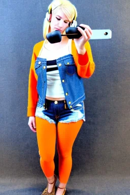 blonde taking selfie.thick thighs,thick calves,flat belly,curvy fell. NOVEL kind of bolero, which is sewed of recycled sliced Denim, which condescends with integrated bag[SIC]. It is sewed together of camouflage pieces, whose color are all denim colors, orange, cream, brown and purple. Big colored headphones (gold rings!) is merged with small felt cap with small visor. It is with big bright purple felt tippet and birght-colored-hood is merged with colorful beanie. Style: 1980's Finland