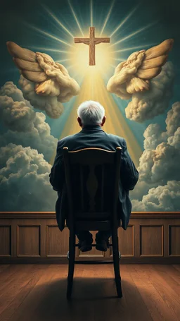 Bosch painting style a rear of 3D view of an old man sitting on a high chair facing a a surrealism picture of heaven on the wall , show from the back of the picture
