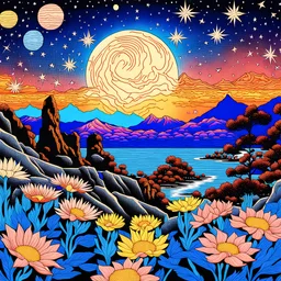 Colourful, peaceful, Hiroshige, Van Gogh, night sky filled with galaxies and stars, trees, rock formations, giant flowers, one-line drawing, sharp focus, 8k, 3d, intricate, ornate