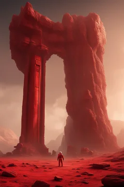 Mysterious huge ancient Rocky pillar with scifi gate attached with a astronaut (red suit) standing near the gate, destroyed, foggy condition wide-angle, cinematic lighting, perfect golden ratio composition detailed ground environment, haze, ultra-detailed, film photography, light leaks, Larry Bud Melman, trending on artstation, sharp focus, studio photo, intricate details, highly detailed, by greg rutkowski