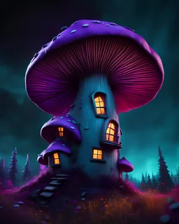 An asymmetrical mushroom house in the night sky. in space. Bright Bold Bright Colors, teal purple black, Stark Dark background. Detailed Matte Painting, deep color, fantastical, intricate detail, splash screen, hyperdetailed, insane depth, Fantasy concept art, 8k resolution, trending on artstation, Unreal Engine 5, color depth, Deep Colors, backlit, splash art, dramatic, splash art Style. High Quality, Painterly, Whimsical, Fun, Imaginative, Bubbly, good detail, perfect composition,