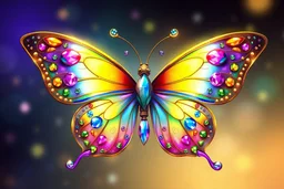 A whimsical digital illustration features a large, enchanting butterfly with intricately decorated wings, dominating the center of the composition. The butterfly's wings display a vibrant gradient of colors, transitioning from gold at the top through blue, luminous yellow, to blue green and magenta at the bottom, creating an iridescent rainbow-like effect. The wings are adorned with numerous gemstones and beads of various sizes and colors, including pink, blue, yellow, green, and purple, along t