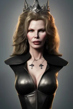 Kim Basinger as evil queen in black leather, busty, cleavage, curvy, angry, stern look. character design by cory loftis, fenghua zhong, ryohei hase, ismail inceoglu and ruan jia. unreal engine 5, artistic lighting, highly detailed, photorealistic, fantasy