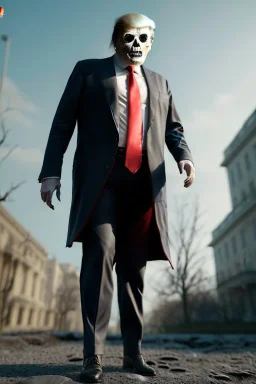 Ultra realistic image, Donald trump zombie, zombie performance, suit, skull, blood, torn arm, night, walking twisted, waist up view, thriller style, dark ambient, highly detailed, White House background, concept art, unreal engine 5, ray tracing, RTX, ultra detail, volumetric lighting, high definition, high resolution.