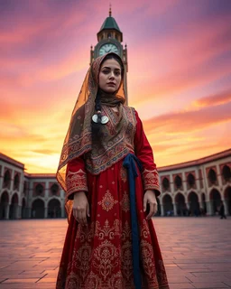 "A hyper-detailed digital painting of a young woman in traditional Azerbaijani folk costume standing in Tabriz Saat Square. She wears a floor-length crimson, gold, and sapphire embroidered dress with intricate embroidery, a translucent patterned ropush (scarf) draped over her head revealing braided hair with silver guppu (coins). The composition follows the rule of thirds, with the 19th-century clock tower framing her silhouette against a gradient sunset sky of tangerine and lavender. Ultra-deta