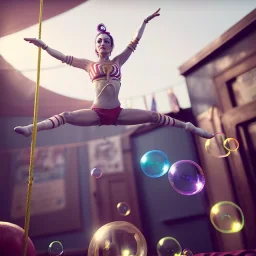 Ultra realistic circus scene. Classic acrobat woman, waist up view, Wes Anderson style, happy, bubbles, highly detailed, concept art, unreal engine 5, god rays, ray tracing, RTX, lumen lighting, ultra detail, volumetric lighting, 3d, finely drawn, high definition, high resolution.