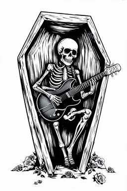 Skeleton wearing a sombrero, Hugging a guitar in a Coffin, black roses as decoration, black and white graphic art