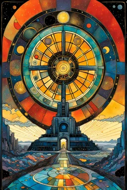 Create a chaotic abstract cubist Tarot Card depicting a post apocalyptic, The Wheel of Fortune , with highly detailed features, in the style of Bill Sienkiewicz, Philippe Druillet, Gustav Klimt, and Jean Giraud Moebius, precisely drawn, colored and inked