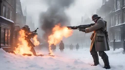 British WORLD WAR ONE soldier without his helmet firing a flamethrower at a alien robot creature, the soldier is firing his rifle at the alien, whose uniform is on fire, a snowy london street 1898, the snow, SNOW ON THE GROUND, BURNING DEBRI LIES ALL AROUND, PHOTO REALISTIC, EPIC, CINEMATIC