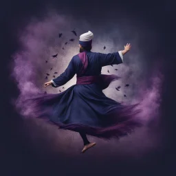 Hyper Realistic Sufi Whirling with Purple & Maroon, Islamic Sufi Rustic Grungy navy-blue Background at night with black fog & mini feathers around