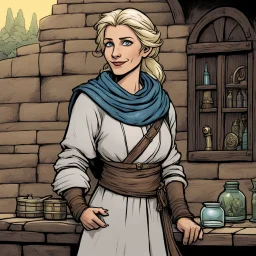 [illustration by Kevin Eastman and Peter Laird, heroic fantasy medieval style] Eliza is a middle-aged woman with a kind face and gentle eyes. Her once blonde hair has faded to a soft grey, often hidden beneath a simple scarf. She dresses plainly, in a simple tunic and skirt, with a heavy apron to protect her clothes from the various remedies and potions she works with. Eliza is known throughout Millbrook for her healing skills, having trained with the town's previous healer for many years befor