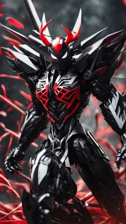 A close picture to Mix between transformers and spider venom symbiote in dreamshaper finetuned model with dynamic art style witg with red details detailsis in fantasy world