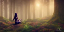 beautiful sensual lady meditating in a enchanted forest, fotorealistic, high quality, landscape