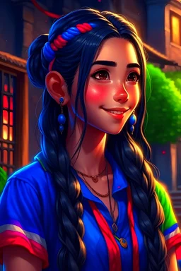 girl, masterpiece, best quality, cinematic lighting, detailed outfit, rainbow colors, perfect blue eyes, black hair, blue eyes, long hair, braided ponytail, hairclip, earrings, smile, casual clothes, AI