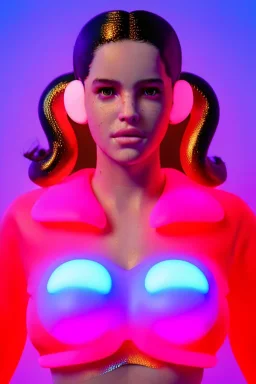 Rosalía artist, Realistic image, natural waist up portrait, perfect eyes, glow, circle iris, eye liner. pigtails hair, face, spray line make up, glow. lips, gold. big rings piercing, led ornament, pearls. coat, latex, inflatable, hot, led lights, minimal, neon, pink, blue, gold, vibrant color, highly detailed, art stations, concept art, smooth, unreal engine 5, god lights, ray tracing, RTX, lumen lighting, ultra detail, volumetric lighting, 3d, finely drawn, high definition, 4k.