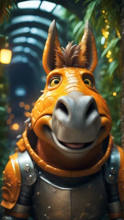 close up, magazine cover, smiling with front teeth, metallic yellow orange donkey turtle chivalry knight with friendly cute face and hair locks in dark lit reflective wet jungle metallic hall dome hotel tunnel, in the style of a game,bokeh like f/0.8, tilt-shift lens 8k, high detail, smooth render, down-light, unreal engine, prize winning