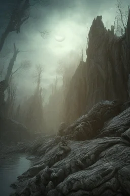 A spooky wasteland, 8k, bas-relief, extraterrestrial, eerie, jagged rocks, peaceful, cinematic 4d, sci-fi