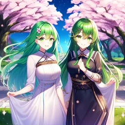 girl, masterpiece, best quality, cinematic lighting, detailed outfit, perfect eyes, long hair, green hair, green eyes, hairclip, outdoors, ray tracing, god rays, in spring, cherry blossom, sparkle, depth of field, smile,