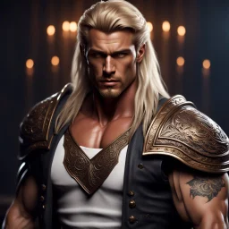 handsome warrior king, muscular, long blonde hair, male age 30, wearing jeans and a white shirt, tan skin, tattoos,photorealistic 4k dark fantasy