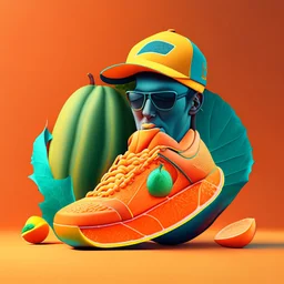 Ilustración de una papaya con cara humana, zapatos tenis y gorra, clima de verano, calidad ultra, hiperdetallado, 8k, 3d, colores complementarios