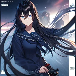 Clear focus,8k,Beatiful Lighting,Beatiful Blur,Beatiful Face,Beatiful Shading,Black long hair,silky hair, long silky bangs, dark blue eyes, wearing a sailor uniform outfit, Hair in eyes, lot of hair, Holding a katana, Ready to fight, Controlling water