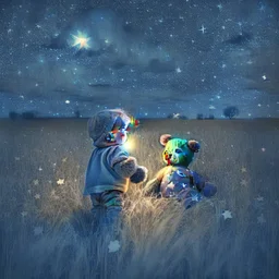 toddler with teddy bear in a field at night with lots of stars, looking at an apparition in the sky