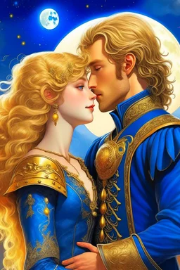 prince who has sandy hair, bronze skin,tall, has short beard,wears a medieval military outfit and is in love with the commoner girl, who has curly platin blonde hair and wears a blue dress, the two kiss very affectionately, illustration of a fantasy book cover with a detailed, smooth, bright background filled withmoon and sun, hyperdetailed, Hyper realistic photograph, 16k resolution, product photo, Formal, Formal dress , Hyper detailed, Intricate, Mystical , Firey, Fire based