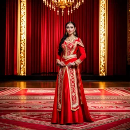 azeri female full bdy with traditional dance clothing in modern stage in a royal hall
