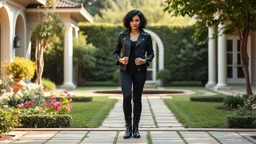 beautiful lady with short black curlay hair ,classic jacket and pant and stand full body hands free release pose pretty boots ,in a big beautiful villa garden