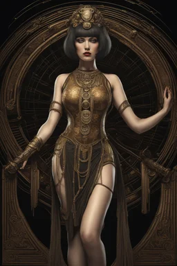 Full Body, Art Nouveau Woman With A Bob With A Fringe Hairstyle, Cleopatra Clothing, Steampunk, Black Background